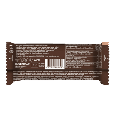 Baton proteic de migdale ORGANIC acoperit cu ciocolata