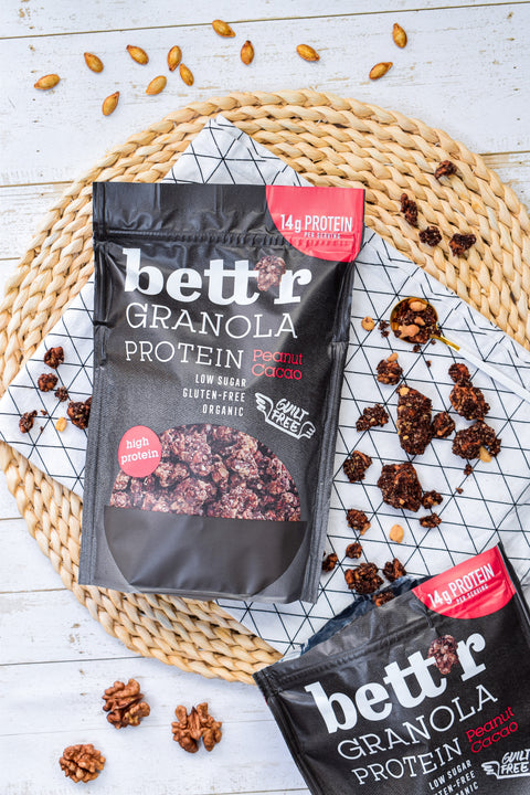 Granola BIO proteică cu arahide și cacao