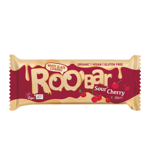Baton BIO cu ciocolată albă și vișine – Roobar Vegan