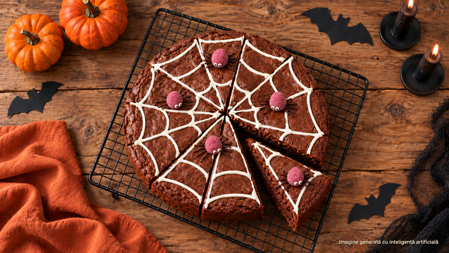Brownie de Halloween cu pânză de păianjen din ciocolată