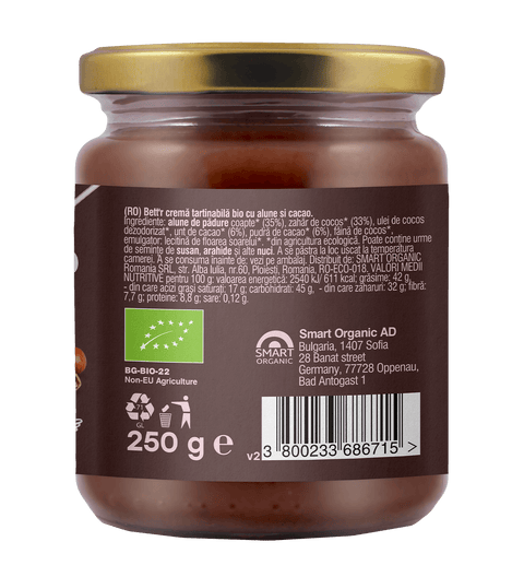 Cremă BIO tartinabilă cu alune de pădure și cacao