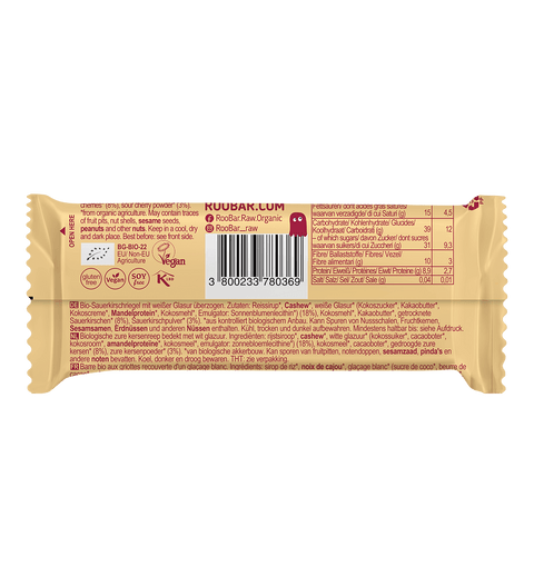 Baton BIO cu ciocolată albă și vișine – Roobar Vegan