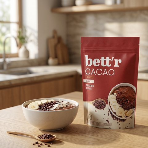 cacao nibs in smoothie bowl with bananas