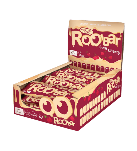 Baton BIO cu ciocolată albă și vișine – Roobar Vegan